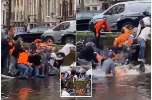 Momentet qesharake të përmbysjes së barkës së festës në ‘Ditën e Mbretit’ në kanalin e Amsterdam (fotot)